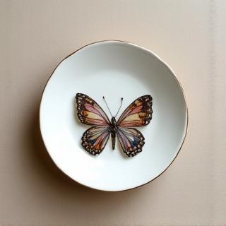 繊細な蝶の模様が描かれた、淡い色合いの陶器の皿