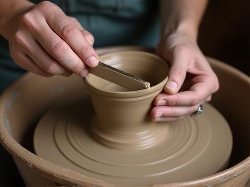 乾燥途中の陶器の底を削り、形を整える陶芸家の手元。